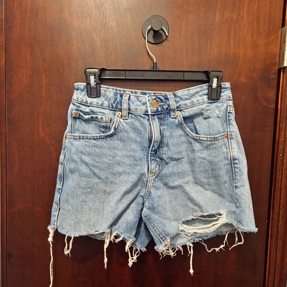 Garage Blue Distressed Denim‎ Hi Rise Fringe Shorts Size 0 Thrased Coupe Vintage